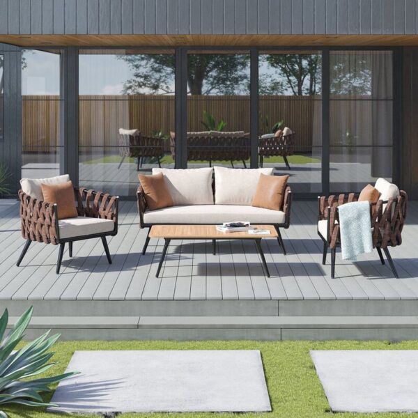 Manhattan Comfort Crown 4-Piece Metal Patio Conversation Set with Brown and White Cushions