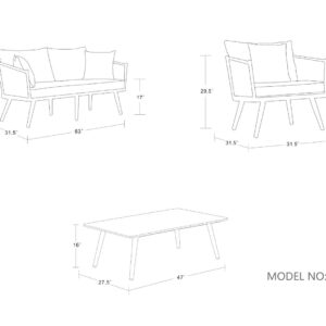 Manhattan Comfort Crown 4-Piece Metal Patio Conversation Set with Brown and White Cushions