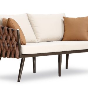 Manhattan Comfort Crown 4-Piece Metal Patio Conversation Set with Brown and White Cushions