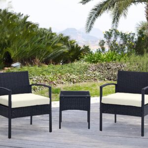 Manhattan Comfort Noli Steel Rattan 3-Piece Patio Conversation Set with Cushions in Cream