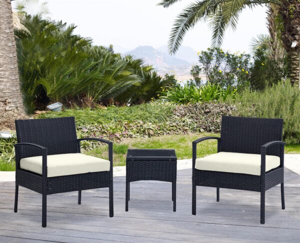 Manhattan Comfort Noli Steel Rattan 3-Piece Patio Conversation Set with Cushions in Cream