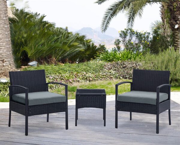 Manhattan Comfort Noli Steel Rattan 3-Piece Patio Conversation Set with Cushions in Grey