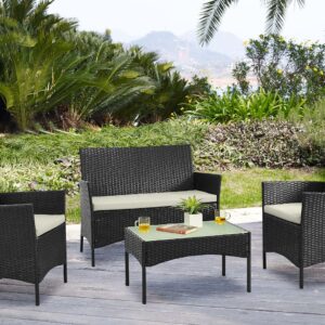 Manhattan Comfort Imperia Steel Rattan 4-Piece Patio Conversation Set with Cushions in Cream