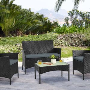 Manhattan Comfort Imperia Steel Rattan 4-Piece Patio Conversation Set with Cushions in Grey