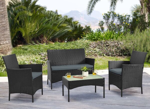 Manhattan Comfort Imperia Steel Rattan 4-Piece Patio Conversation Set with Cushions in Grey