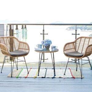 Manhattan Comfort Antibes 1.0 Steel Rattan 3-Piece Patio Conversation Set with Cushions in Grey