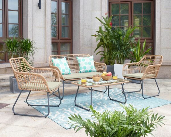 Manhattan Comfort Antibes 2.0 Steel Rattan 4-Piece Patio Conversation Set with Cushions in Cream