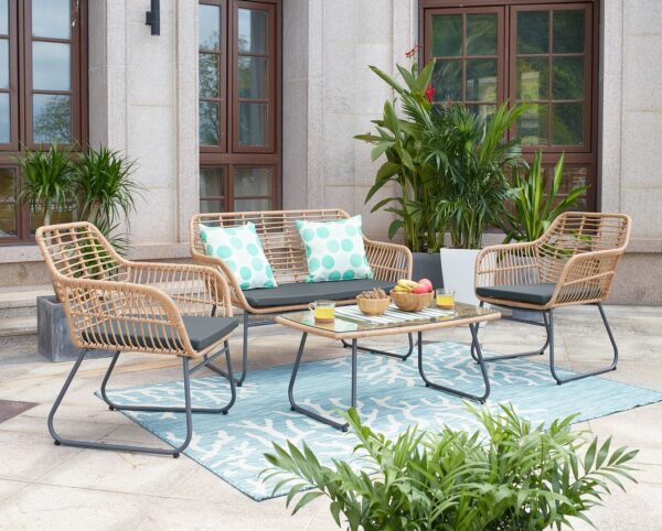 Manhattan Comfort Antibes 2.0 Steel Rattan 4-Piece Patio Conversation Set with Cushions in Grey