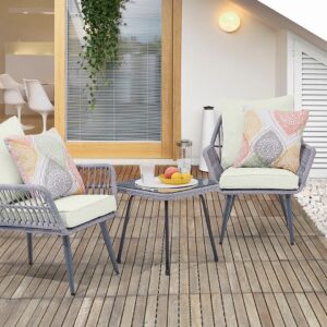 Manhattan Comfort Cannes Rope Wicker 3-Piece Patio Conversation Set with Cushions in Cream