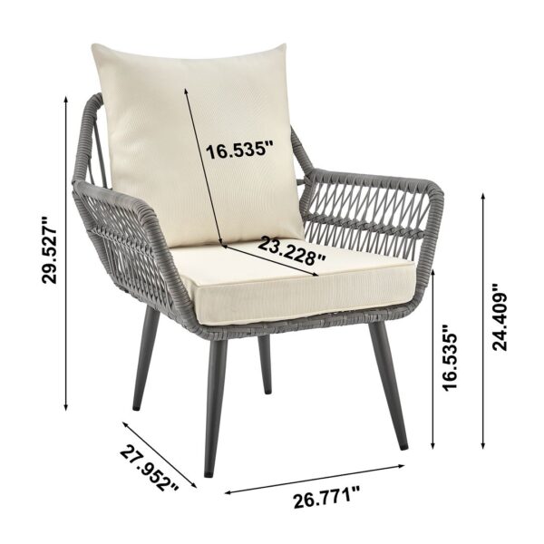 Manhattan Comfort Cannes Rope Wicker 3-Piece Patio Conversation Set with Cushions in Cream