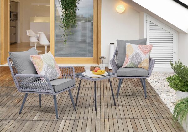 Manhattan Comfort Cannes Rope Wicker 3-Piece Patio Conversation Set with Cushions in Grey