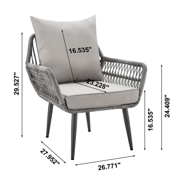 Manhattan Comfort Cannes Rope Wicker 3-Piece Patio Conversation Set with Cushions in Grey