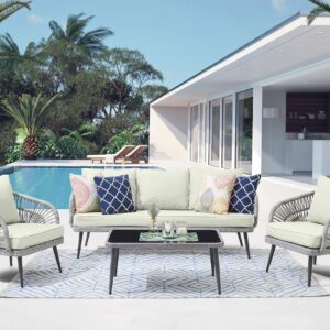 Manhattan Comfort Riviera Rope Wicker 4-Piece 5 Seater Patio Conversation Set with Cushions in Cream