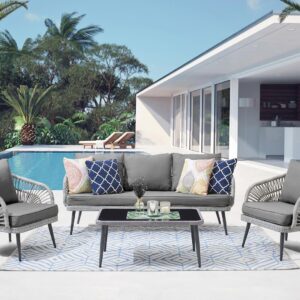 Manhattan Comfort Riviera Rope Wicker 4-Piece 5 Seater Patio Conversation Set with Cushions in Cream