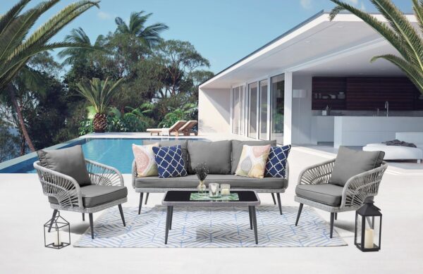 Manhattan Comfort Riviera Rope Wicker 4-Piece 5 Seater Patio Conversation Set with Cushions in Cream