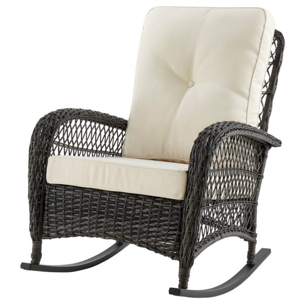 Manhattan Comfort Furttuo Steel Rattan Outdoor Rocking Chair with Cushions in Cream