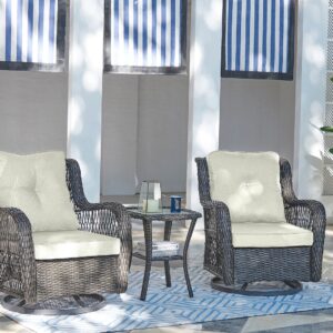 Manhattan Comfort Fruttuo Swivel Steel Rattan 3-Piece Patio Conversation Set with Cushions in Cream