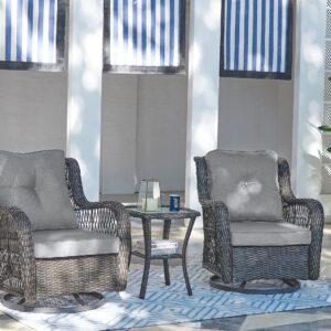 Manhattan Comfort Fruttuo Swivel Steel Rattan 3-Piece Patio Conversation Set with Cushions in Grey