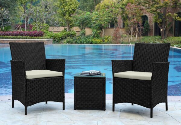 Manhattan Comfort Imperia Steel Rattan 3-Piece Patio Conversation Set with Cushions in Cream