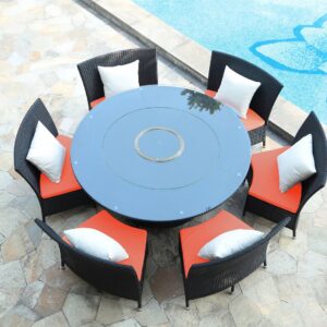 Manhattan Comfort Nightingdale Black 7-Piece Rattan Outdoor Dining Set with Orange and White Cushions