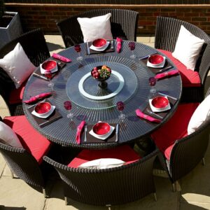 Manhattan Comfort Nightingdale Black 7-Piece Rattan Outdoor Dining Set with Red and White Cushions