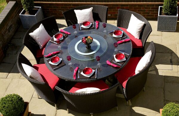 Manhattan Comfort Nightingdale Black 7-Piece Rattan Outdoor Dining Set with Red and White Cushions