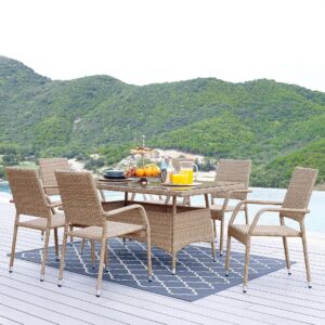 Manhattan Comfort Genoa 7-Piece Steel Rectangle Glass Top Outdoor Dining Table and 6 Armchairs without cushions in Nature Tan Weave