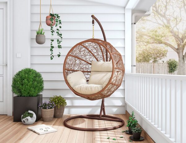 Manhattan Comfort Zolo Metal and Rattan Hanging Lounge Egg Patio Swing with Cream Cushion