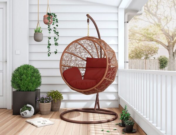 Manhattan Comfort Zolo Metal and Rattan Hanging Lounge Egg Patio Swing with Red Cushion