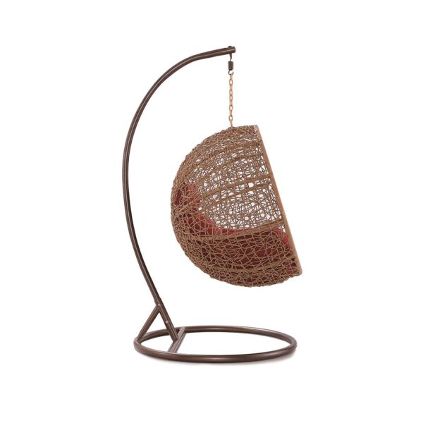 Manhattan Comfort Zolo Metal and Rattan Hanging Lounge Egg Patio Swing with Red Cushion