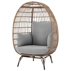 Manhattan Comfort Spezia Freestanding Steel and Rattan Outdoor Egg Chair with Cushions in Grey