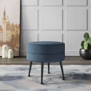 Manhattan Comfort Bailey Mid-Century Modern Woven Polyester Blend Upholstered Ottoman in Blue with Black Feet