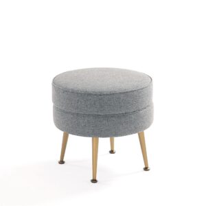 Manhattan Comfort Bailey Mid-Century Modern Woven Polyester Blend Upholstered Ottoman in Grey with Gold Feet