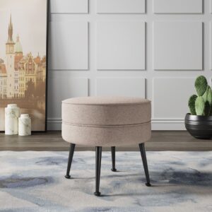 Manhattan Comfort Bailey Mid-Century Modern Woven Polyester Blend Upholstered Ottoman in Oatmeal  with Black Feet