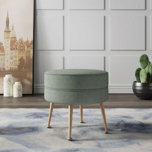 Manhattan Comfort Bailey Mid-Century Modern Woven Polyester Blend Upholstered Ottoman in Sage Green with Gold Feet