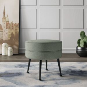 Manhattan Comfort Bailey Mid-Century Modern Woven Polyester Blend Upholstered Ottoman in Sage Green with Black Feet