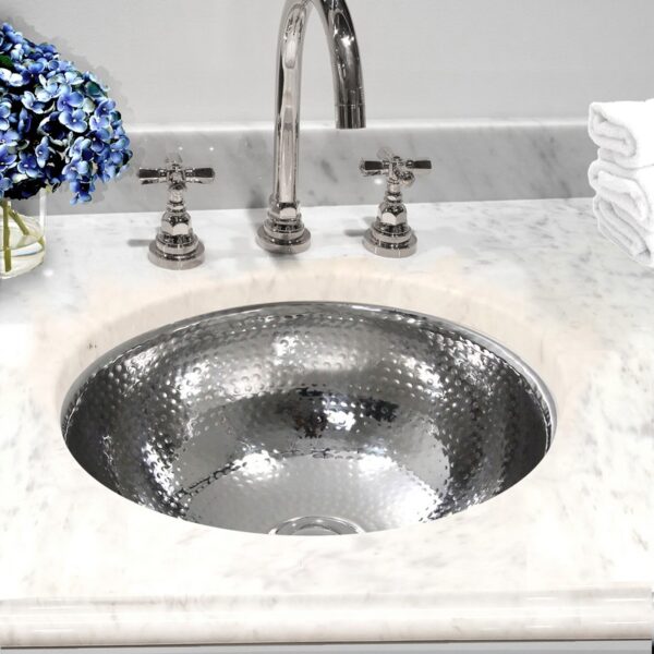 Nantucket ROS-OF Brightwork Home 13 Inch Hand Hammered Stailess Steel Round Undermount Bathroom Sink With Overflow