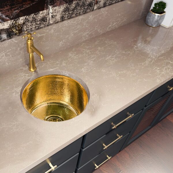 Nantucket Sinks RS15-UB Brightwork Home 15 Inch Hand Hammered Round Brass Bar Sink