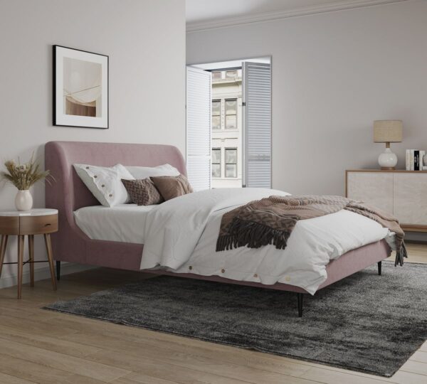 Manhattan Comfort Heather Queen Bed in Velvet Blush and Black Legs