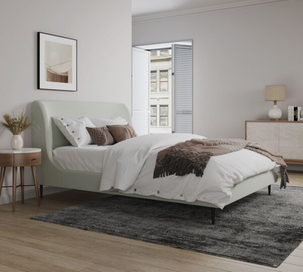 Manhattan Comfort Heather Queen Bed in Velvet Cream and Black Legs