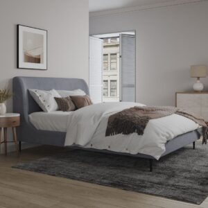 Manhattan Comfort Heather Queen Bed in Velvet Grey and Black Legs