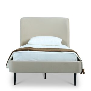 Manhattan Comfort Heather Velvet Twin Bed in Cream with Black Legs