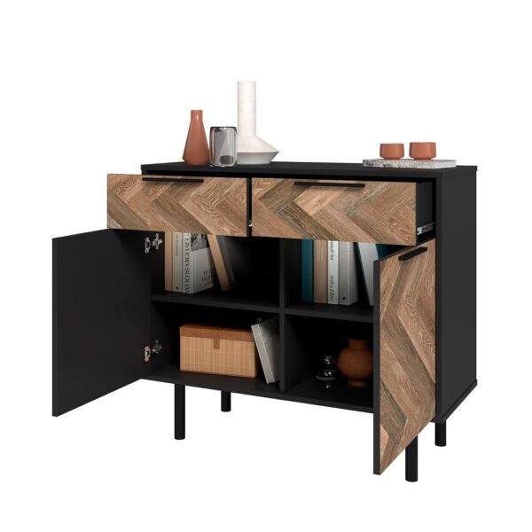 Manhattan Comfort Mid-Century Modern Liam Sideboard with 4 Shelves in Black and Wood