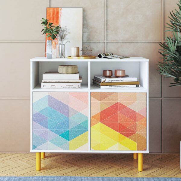 Manhattan Comfort Mid-Century Modern Retro Sideboard with 6 Shelves in White and Multi Color Red, Yellow, Blue Print