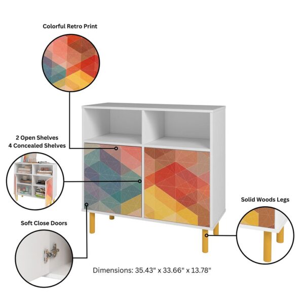 Manhattan Comfort Mid-Century Modern Retro Sideboard with 6 Shelves in White and Multi Color Red, Yellow, Blue Print