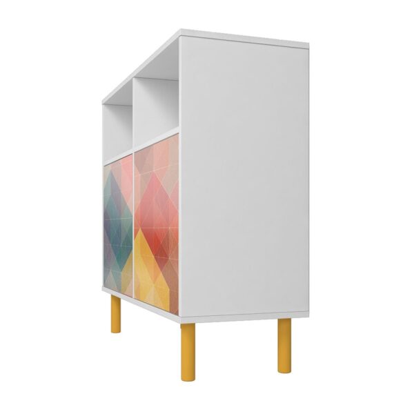 Manhattan Comfort Mid-Century Modern Retro Sideboard with 6 Shelves in White and Multi Color Red, Yellow, Blue Print