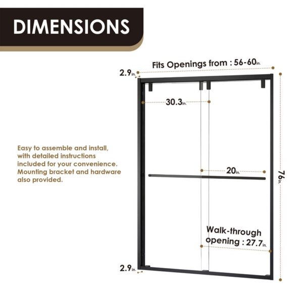 Altair SD80260-BP-MB Caspar 60 x 76 Inch By Pass Semi Frameless Shower Door with Clear Glass - Matte Black