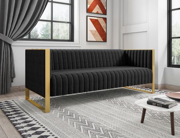 Manhattan Comfort Trillium 83.07 in. Black and Gold 3-Seat Sofa