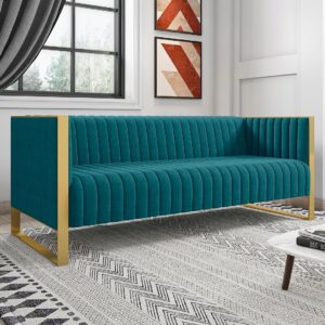 Manhattan Comfort Trillium 83.07 in. Aqua Blue and Gold 3-Seat Sofa