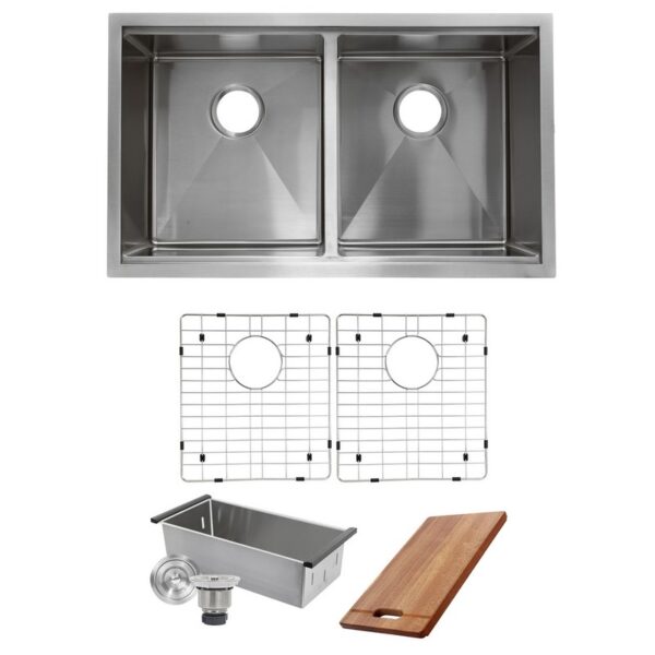 Nantucket SR-PS-3219-OS-16 Pro Series 60/40 Offset Double Bowl Prep Station Small Radius Undermount Stainless Sink with Accessories